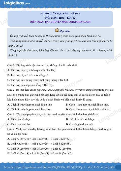 Đề kiểm tra giữa kì 2 Sinh 12 - Đề số 5 có lời giải chi tiết